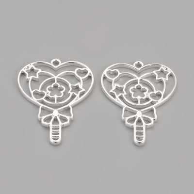 2 Silver Kawaii Heart Key Charm Open Bezel Pendant, Heart Resin Charms, Resin Bezels, Alloy Open Back Bezel Pendants, DIY UV Resin - C210