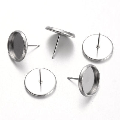 20 pcs Stainless Steel Earring Posts Studs 12 mm, Settings Bezels Cabochons, 12 mm Glue Pad Setting, 10 Pairs Pack