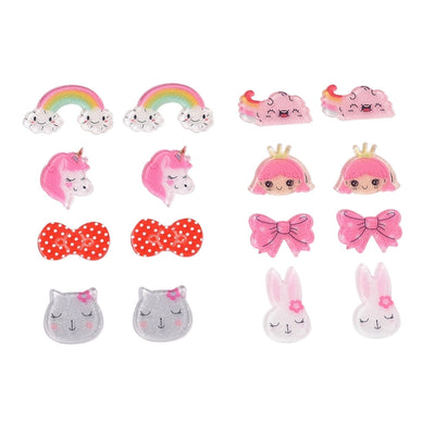 Kawaii Plastic Cabochons with Glitter Powder, Bow knot, Cat, Rainbow, Princess, Cloud, Unicorn, Rabbit, Set of 16