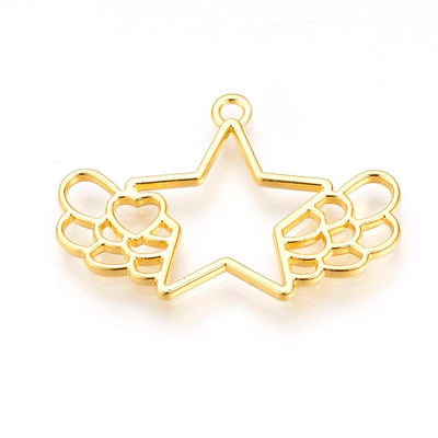 2 Gold Star with Wings Open Bezel Pendant