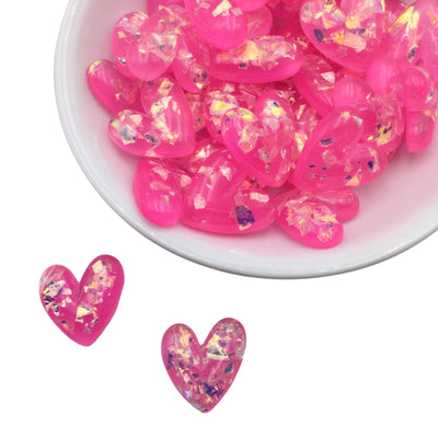 4 Pink Heart Iridescent Foil Resin Cabochon, Kawaii Flatback Cabochon, Cute Cabochon