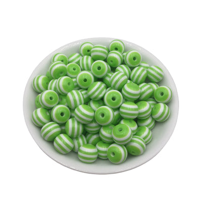 12mm Lime Green Stripe Bubblegum Beads 50pcs