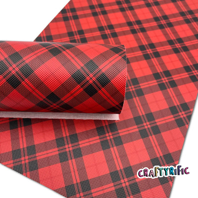 RED Plaid Faux Leather Sheets, Buffalo Plaid, Printed Faux Leather, Vinyl Fabric Sheet, 7x13 Faux Leather