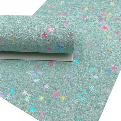 Mint Snowflakes Chunky Glitter fabric Sheets, Chunky Glitter Faux Leather, Glitter Fabric for Bows and Crafts
