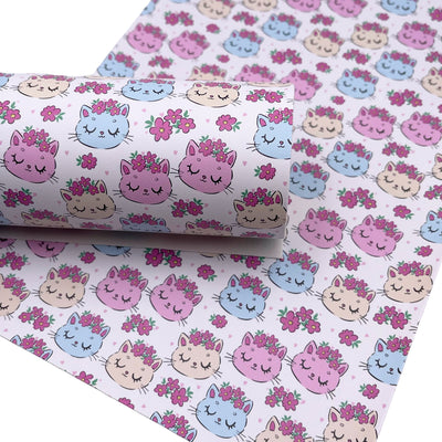 Kawaii Pastel Cats Premium Printed Faux Leather, Spring Faux leather, Floral Designs, Custom Print Leather Sheets, Leather for Earrings
