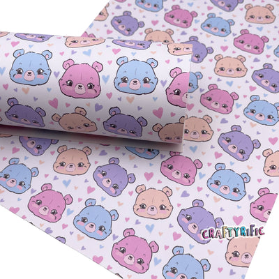 Kawaii Pastel Bears Premium Printed Faux Leather, Spring Faux leather, Floral Designs, Custom Print Leather Sheets, Leather for Earrings