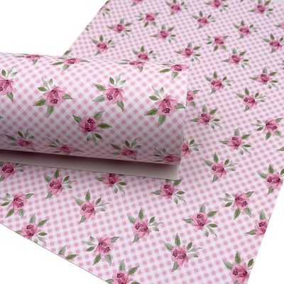 Pink Gingham Floral Premium Printed Faux Leather, Spring Faux leather, Floral Designs, Custom Print Leather Sheets, Leather for Earrings
