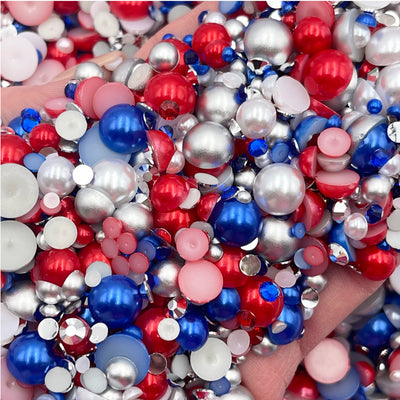 Star and Stripes Pearl Mix, Flatback Pearls and Rhinestone Mix, Sizes Range 3MM-10MM, Flatback Jelly Resin, Faux Pearls Mix, Mixed Sizes