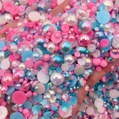Pinkalicious Pearl Mix, Flatback Pearls and Rhinestone Mix, Sizes Range 3MM-10MM, Flatback Jelly Resin, Faux Pearls Mix, Mixed Sizes
