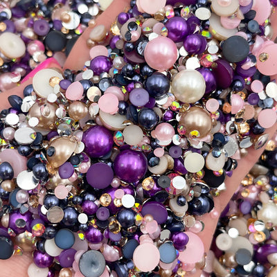 Regal Purple Pearl Mix, Flatback Pearls and Rhinestone Mix, Sizes Range 3MM-10MM, Flatback Jelly Resin, Faux Pearls Mix, Mixed Sizes