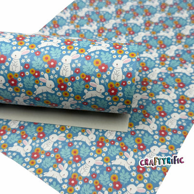 Easter Faux Leather, Blue Bunnies Premium Printed Faux Leather