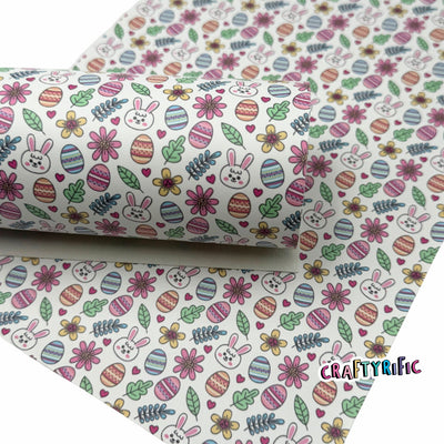 Easter Faux Leather, Doodle Bunnies Premium Printed Faux Leather